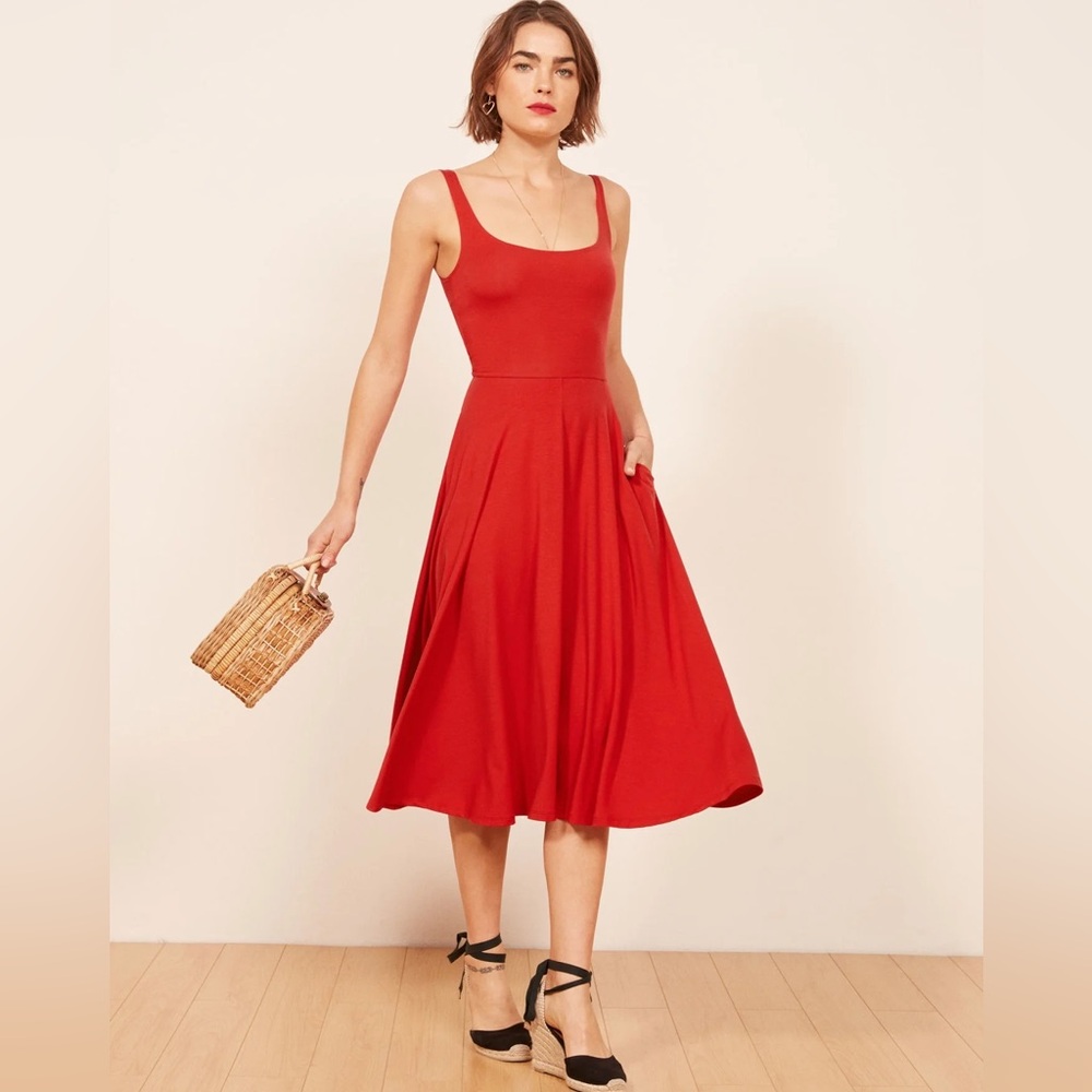 Reformation Red Midi Scoop Neck Dress